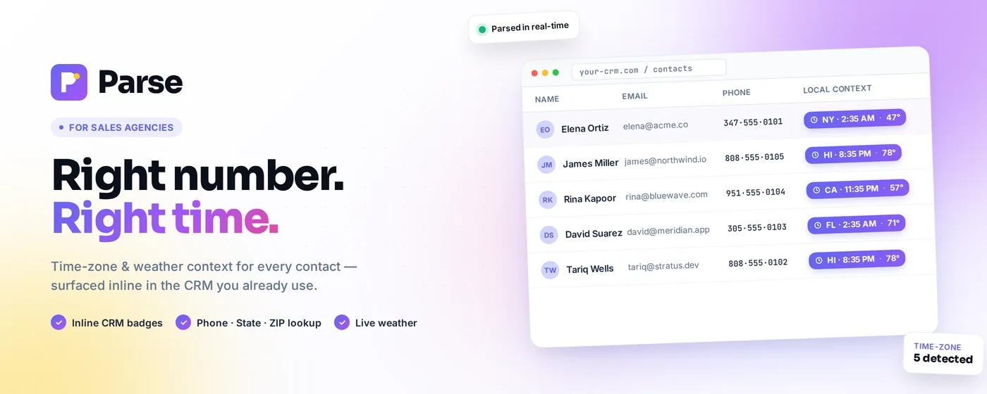 Parse showing local time and temperature badges beside phone numbers in a CRM contact list