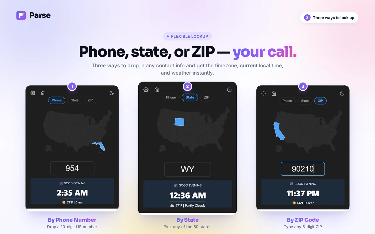 Parse popup looking up a phone area code, a state and a ZIP code, each showing local time, greeting and weather
