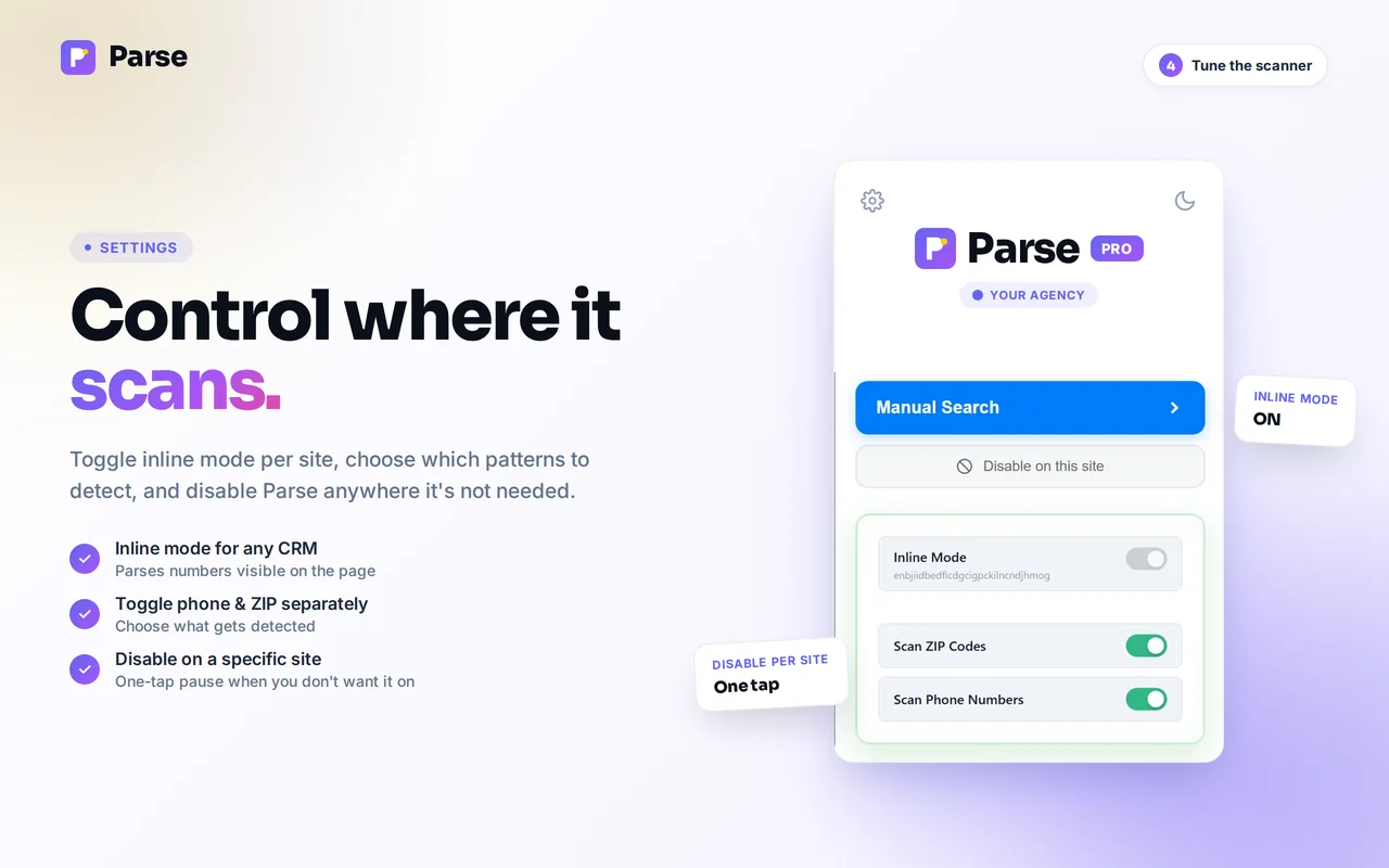 Parse settings with inline mode, ZIP code scanning and phone number scanning toggles